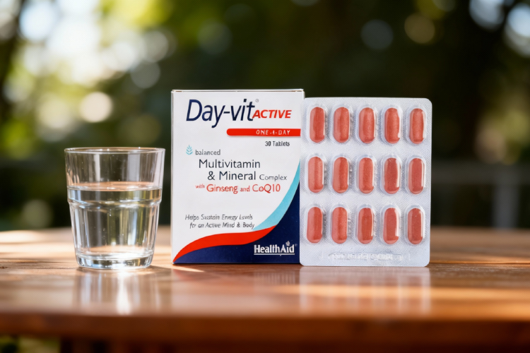 قرص دی ویت اکتیو کنار لیوان آب برای نمایش نحوه مصرف